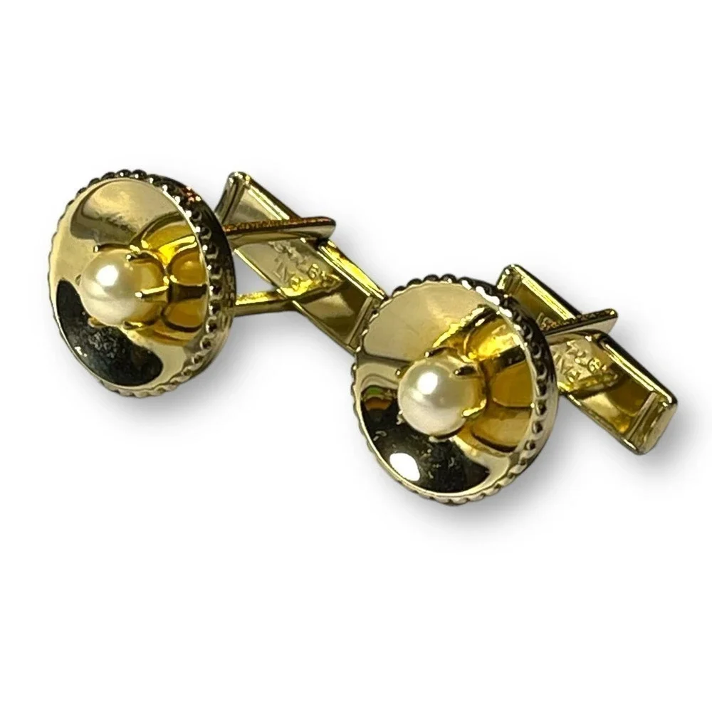 Vintage Gold Tone Imitation Pearl Cufflinks Prong Set Bead Edge Locking